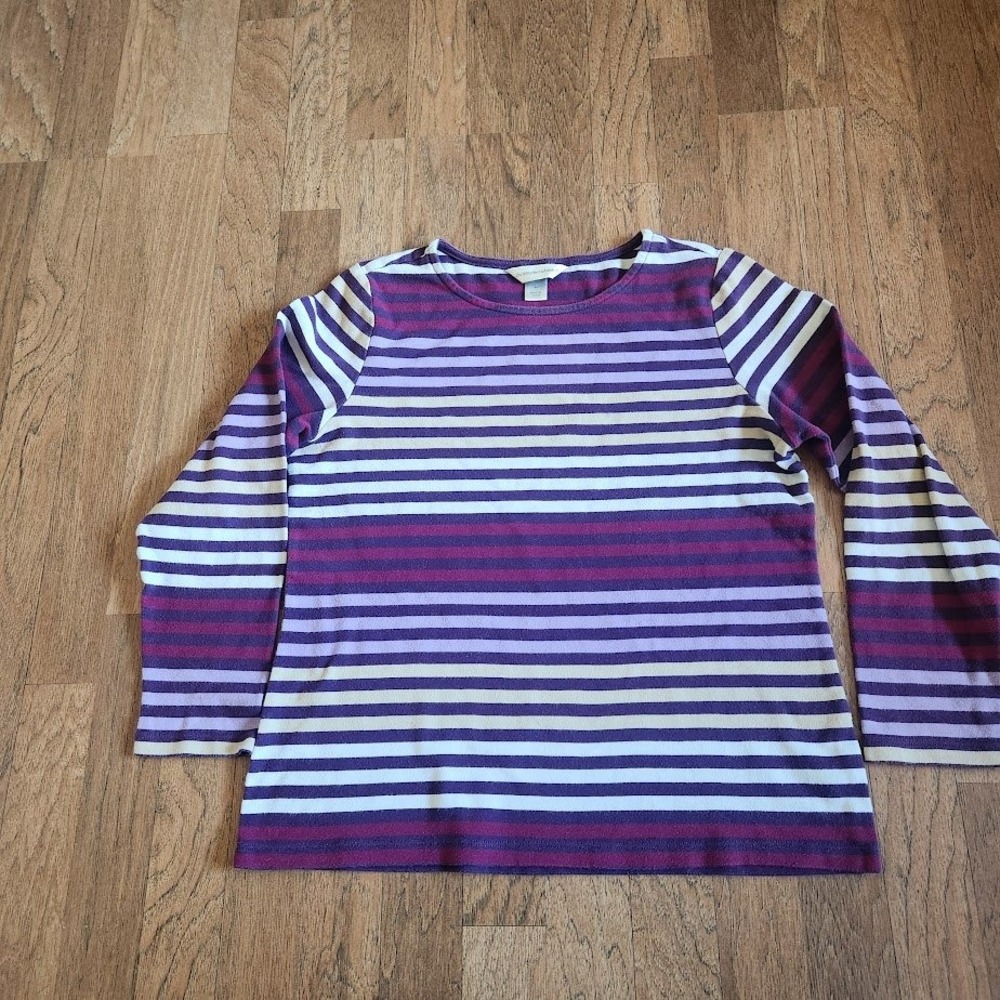 Christopher & Banks Women Medium Purple Striped Long Sleeve Cotton Tee Shirt 520